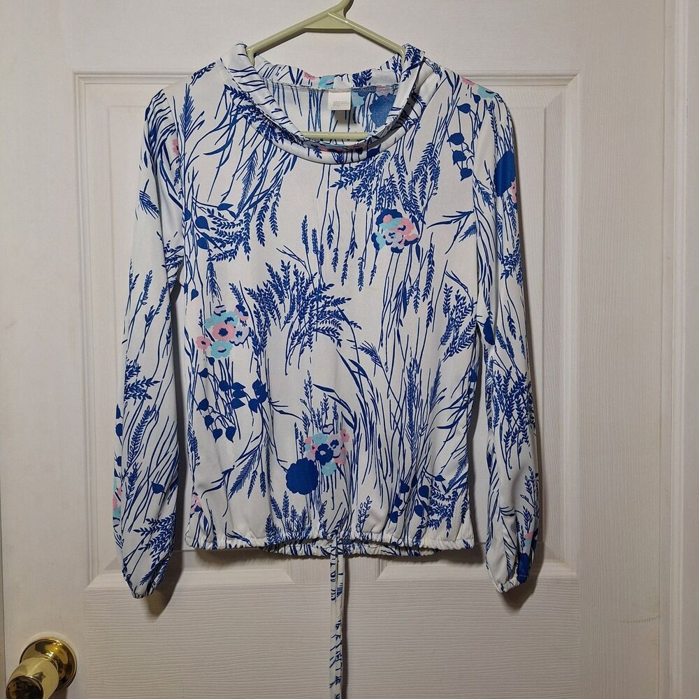 Vintage 70s White Blue Floral Cowl Neck Blouse Tie Waist Cottagecore Size M